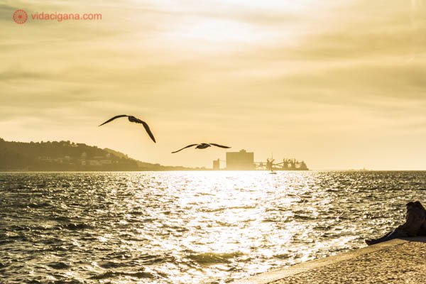 Pôr do sol na beira do rio Tejo, em Lisboa, no Padrão dos Descobrimentos, em Lisboa. Duas gaivotas voam no horizonte.
