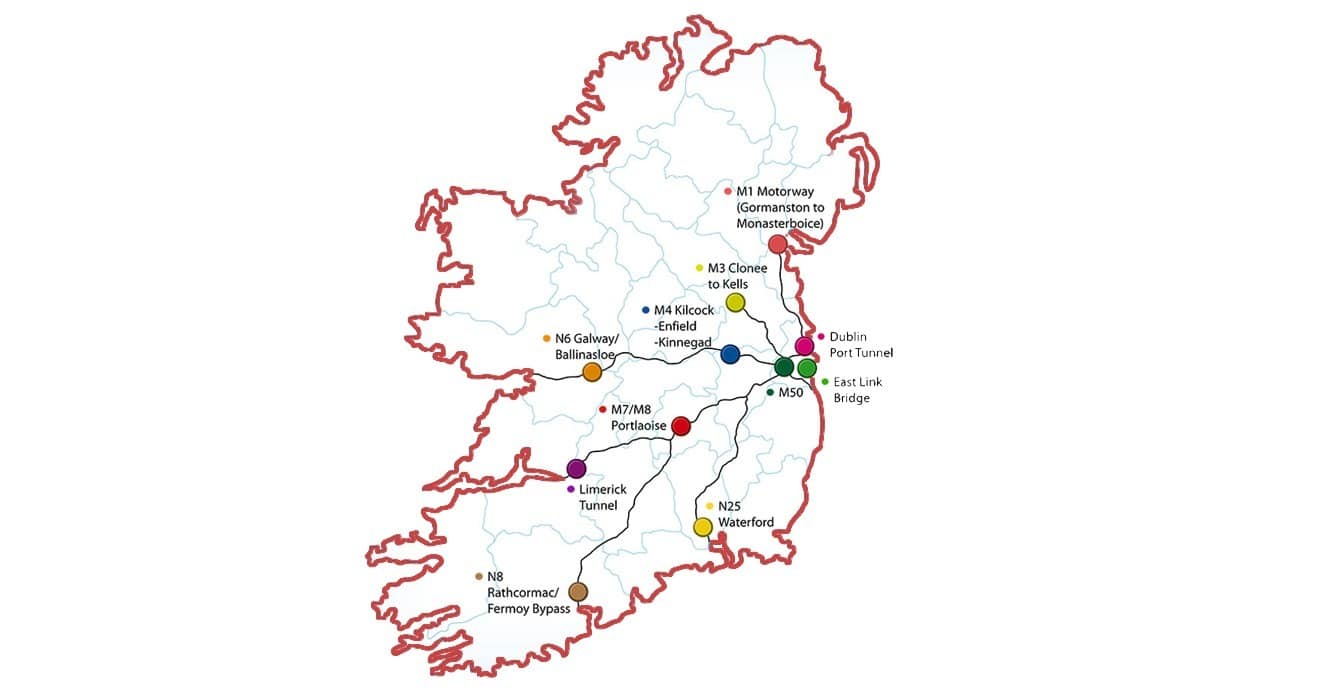 Um mapa da Irlanda mostrando as estradas e localização dos pedágios