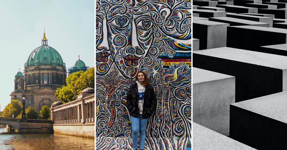 Onde ficar em Berlim: a esquerda a Caatedral, ao centro um muro grafitado, a direita uma perspectiva do memorial dos judeus mortos da europa