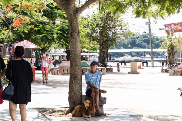 A Praça Pintor Pedro Bruno, com um morador sentado em um banco embaixo de uma árvore com seu cachorro