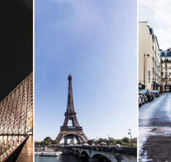 Três cenas de Paris lado a lado: o louvre a noite, a torre eiffel vista do sena, uma rua sob um arco em dia de inverno