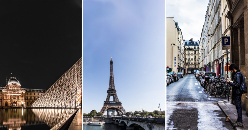 Onde ficar em Paris: Três cenas de Paris lado a lado: o louvre a noite, a torre eiffel vista do sena, uma rua sob um arco em dia de inverno