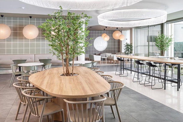 Um refeitório com paredes de vidro, mesas de madeira clara e visual minimalista, com algumas plantas verdes ao redor