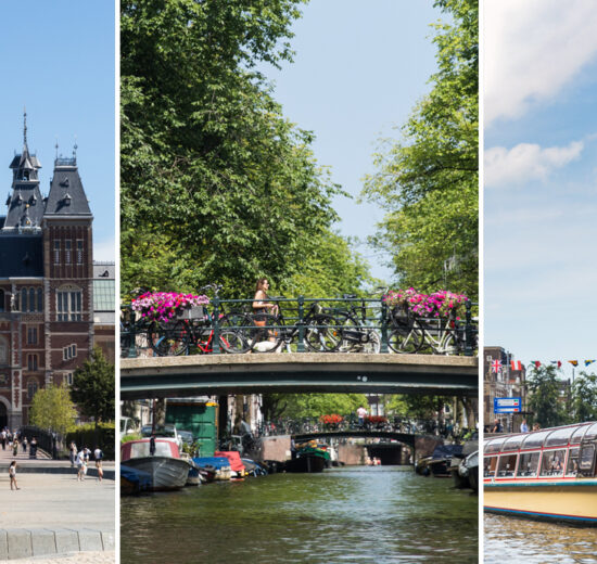 Onde ficar em Amsterdam: a esquerda o rijksmuseum, ao centro um dos canais de amsterdam, a direita um tradicional passeio de barco da cidade