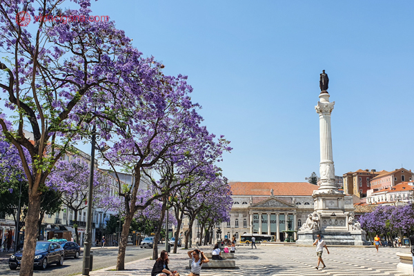 Foto da Praça do Rossio, um dos principais pontos turísticos do bairro de mesmo nome. Estátua de Dom Pedro IV e Teatro Nacional D. Maria II ao fundo.