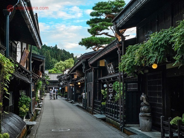 Uma linda rua em Takayama repleta de árvores verdinhas e casas muito antigas feitas de madeira preta