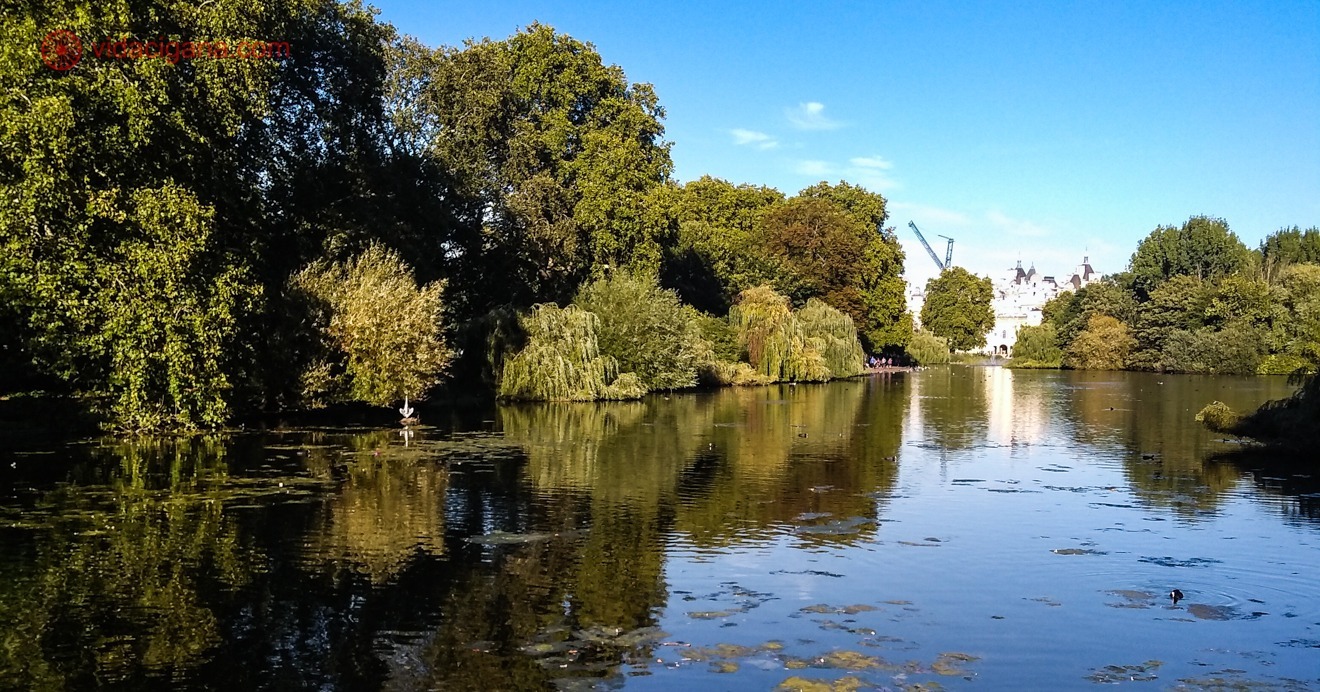 A imagem mostra o lago artificial do St James' Park, atração turística da região de Westminster.