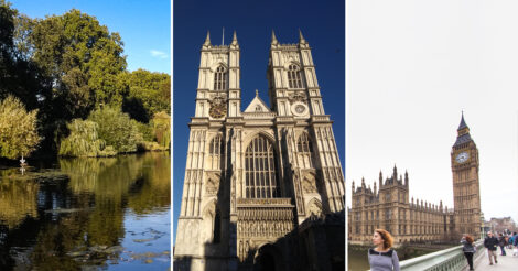 composição com 3 imagens mostrando o que fazer em Westminster: à esquerda o st james park, ao centro a abadia de westminster, à direita o parlamento britânico com o big ben ao fundo