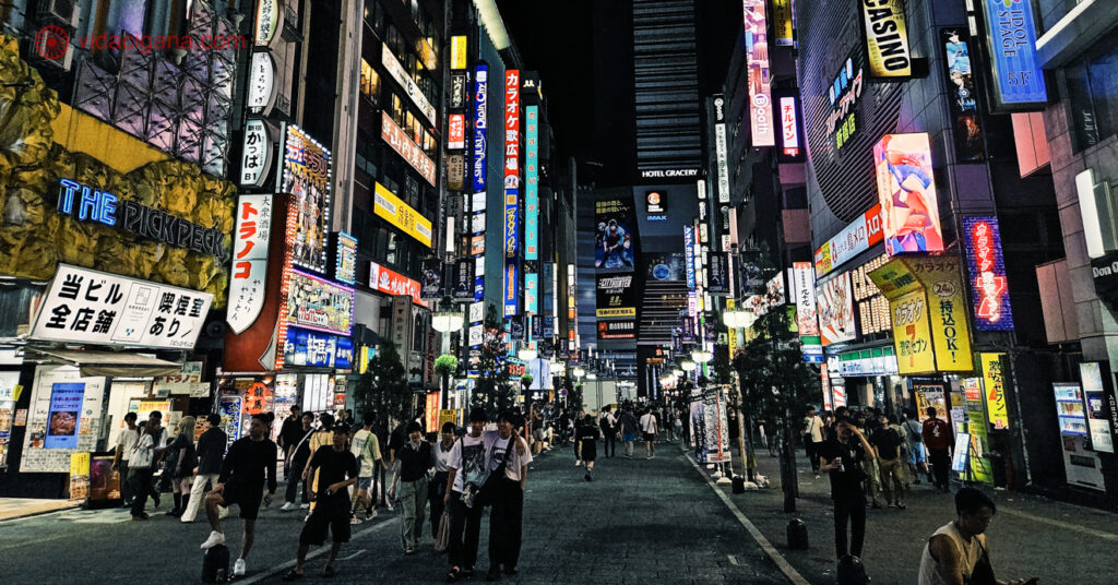 O Kabukicho é uma área de Shinjuku de bastante atrações noturnas. A imagem mostra o movimento na rua iluminada por letreiros.