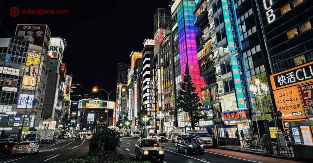 A imagem mostra a principal avenida de Shinkjuku com suas diversas lojas e restaurantes.