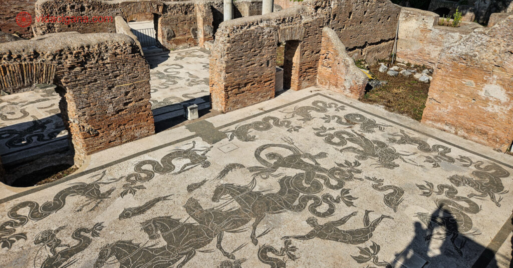 O mosaico dos pisos das Termas de Netuno têm gravuras relacionadas ao universo marinho. Na imagem vemos detalhes desses mosaicos. 