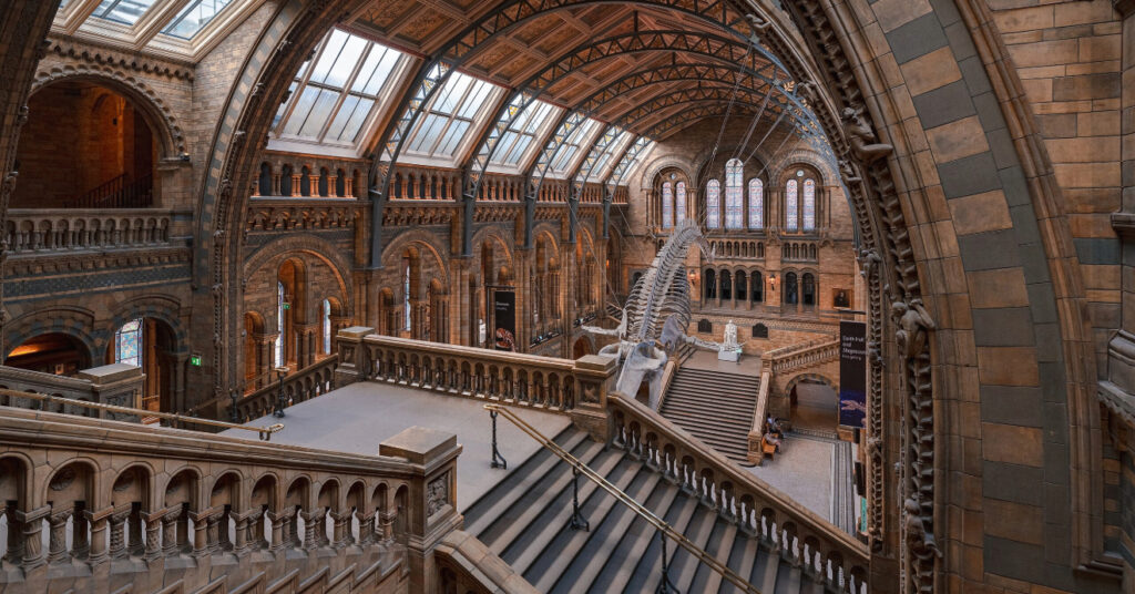Salão central no interior do Museu de História Natural de Londres. 