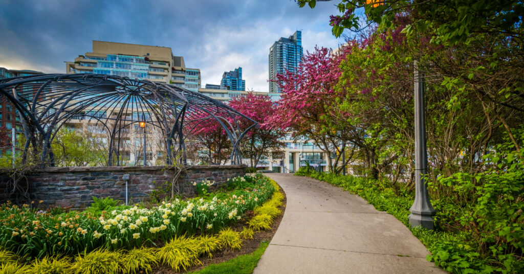 Uma das áreas do Toronto Music Garden, jardim inspirado na primeira suíte de Johann Sebastian Bach. 